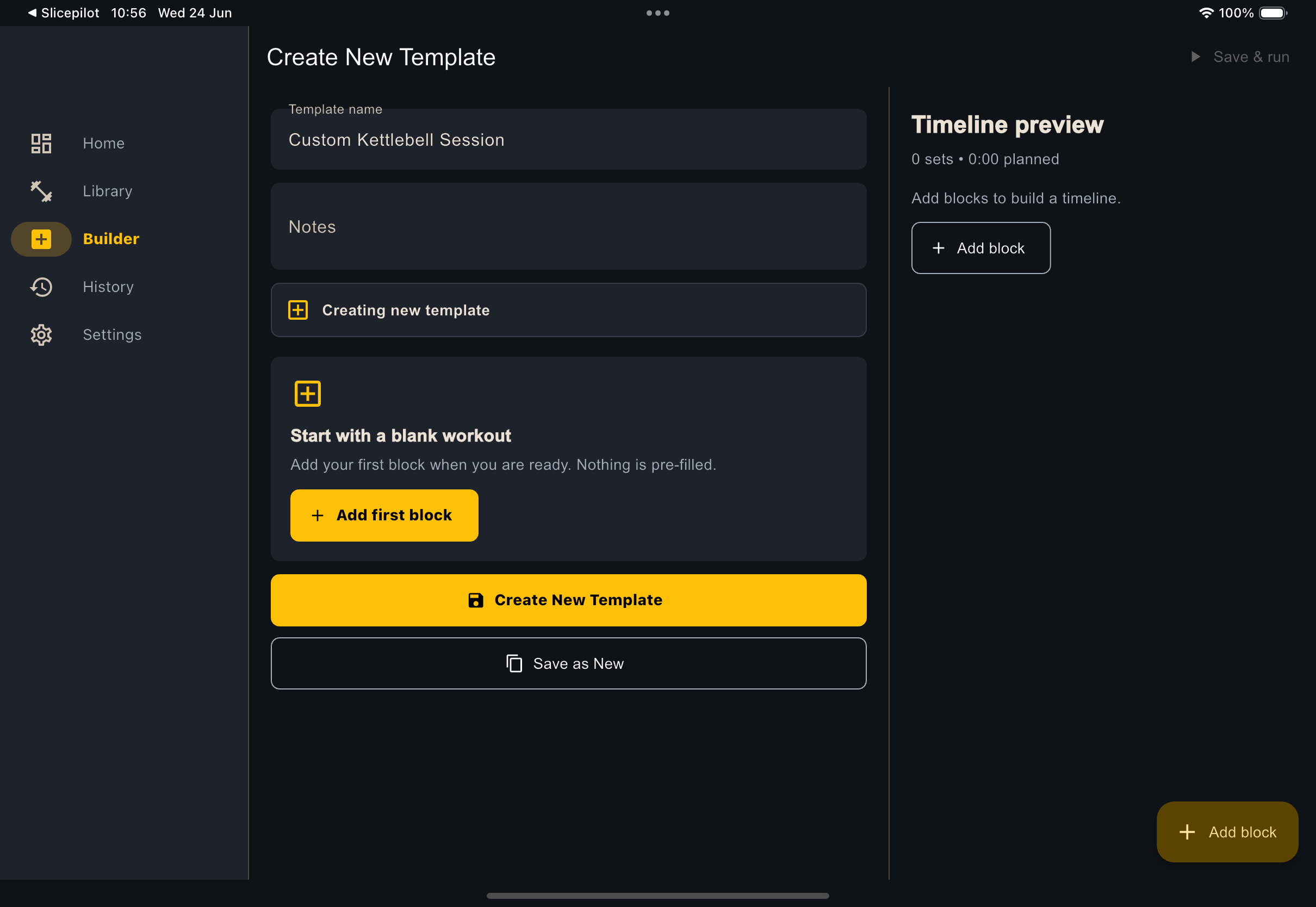 KettleLedger workout builder screen