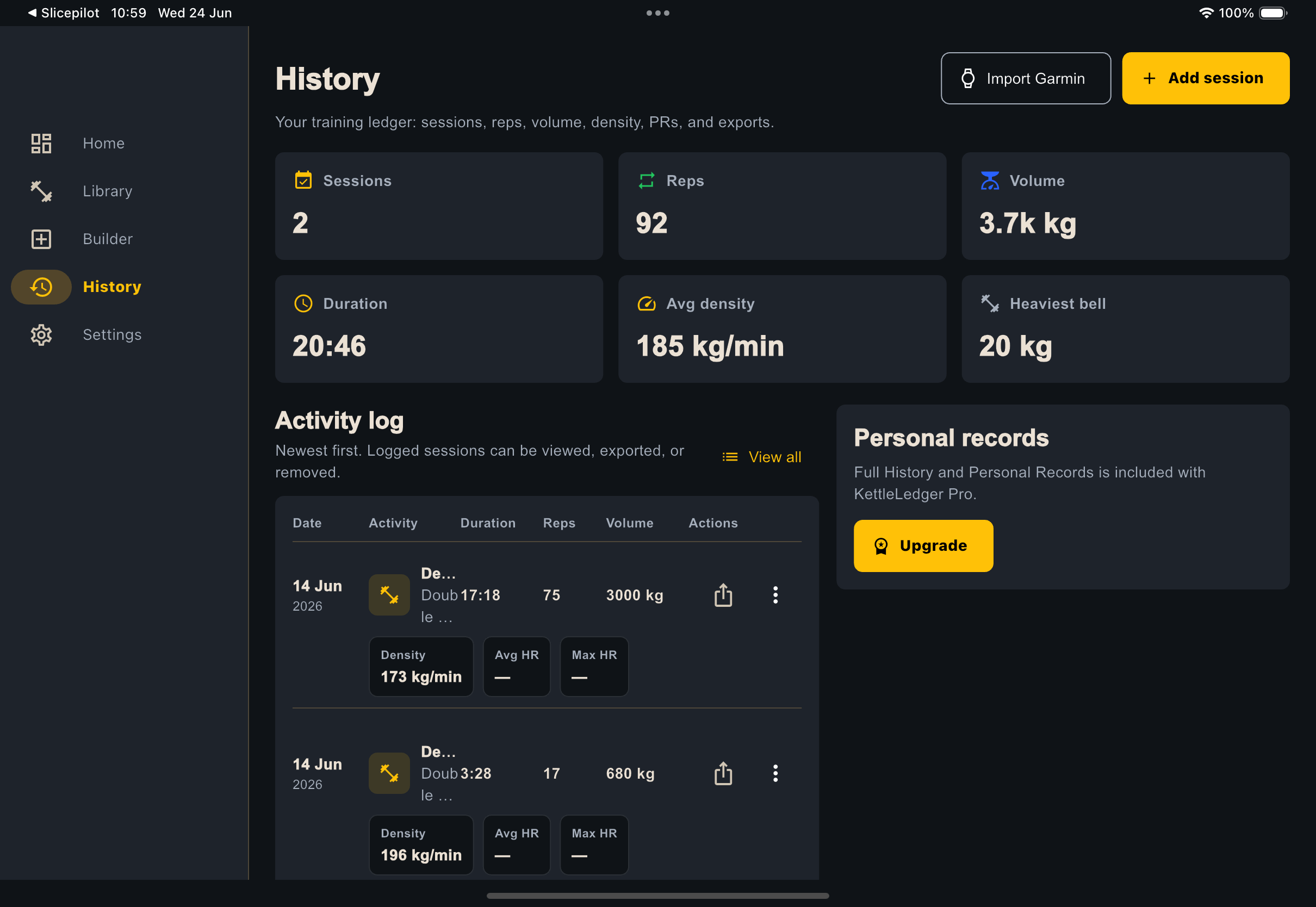 KettleLedger workout history screen